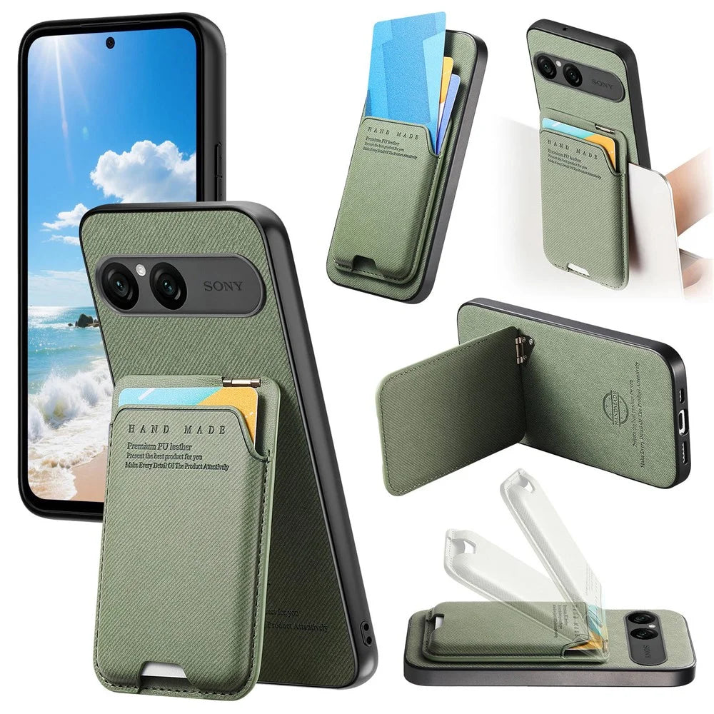 For Sony Xperia 10 VII Case Cloth Texture Leather + PC + TPU Phone Cover with Card Holder Kickstand - Green - 1