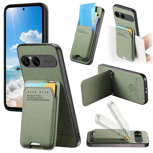 For Sony Xperia 10 VII Case Cloth Texture Leather + PC + TPU Phone Cover with Card Holder Kickstand - Green - 1