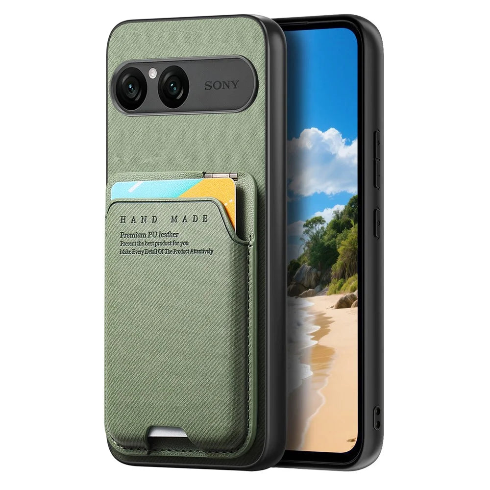 For Sony Xperia 10 VII Case Cloth Texture Leather + PC + TPU Phone Cover with Card Holder Kickstand - Green - 2
