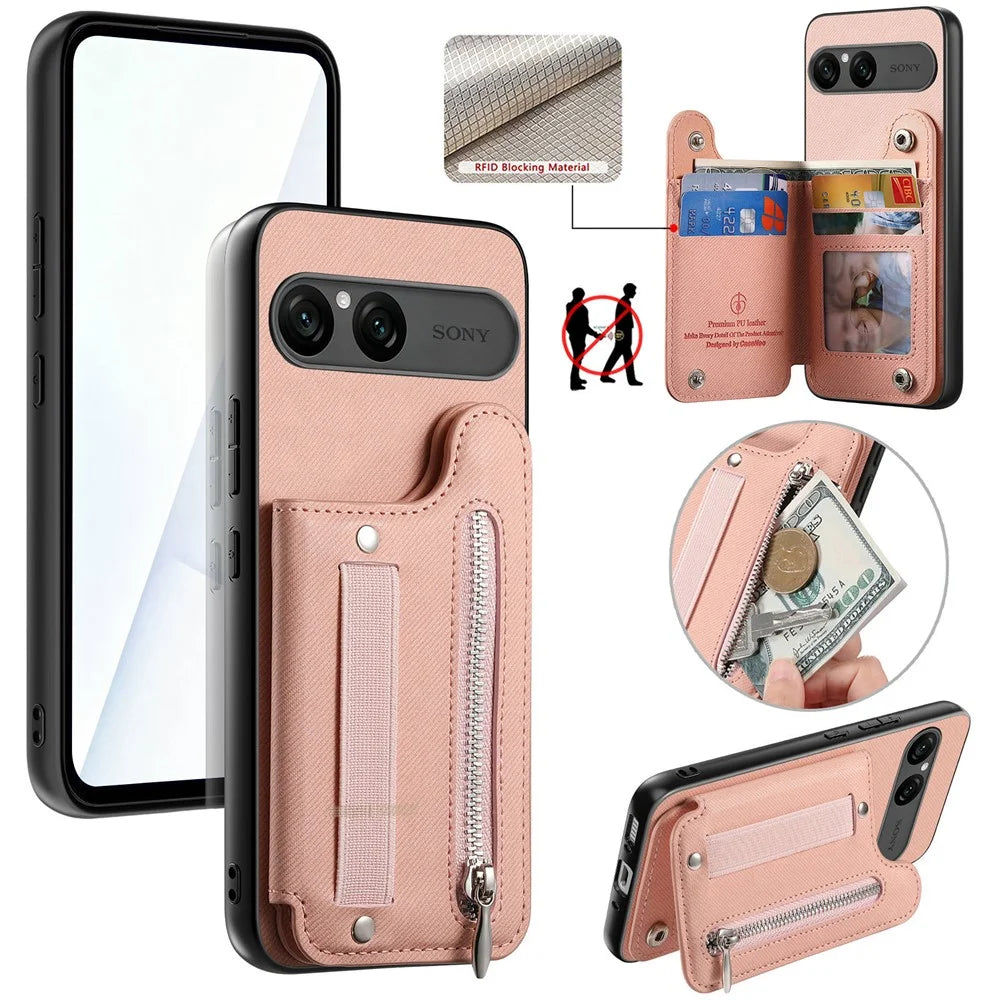 For Sony Xperia 10 VII Case RFID Blocking Card Holder Jeans Cloth Texture Leather Back Cover with Elastic Wristband - Pink - 1
