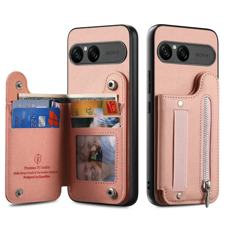 For Sony Xperia 10 VII Case RFID Blocking Card Holder Jeans Cloth Texture Leather Back Cover with Elastic Wristband - Pink - 2
