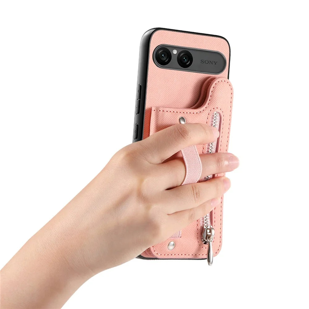 For Sony Xperia 10 VII Case RFID Blocking Card Holder Jeans Cloth Texture Leather Back Cover with Elastic Wristband - Pink - 3