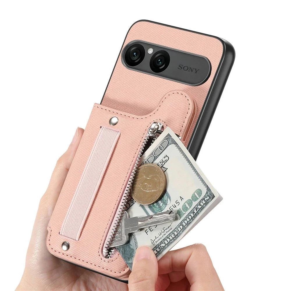 For Sony Xperia 10 VII Case RFID Blocking Card Holder Jeans Cloth Texture Leather Back Cover with Elastic Wristband - Pink - 4