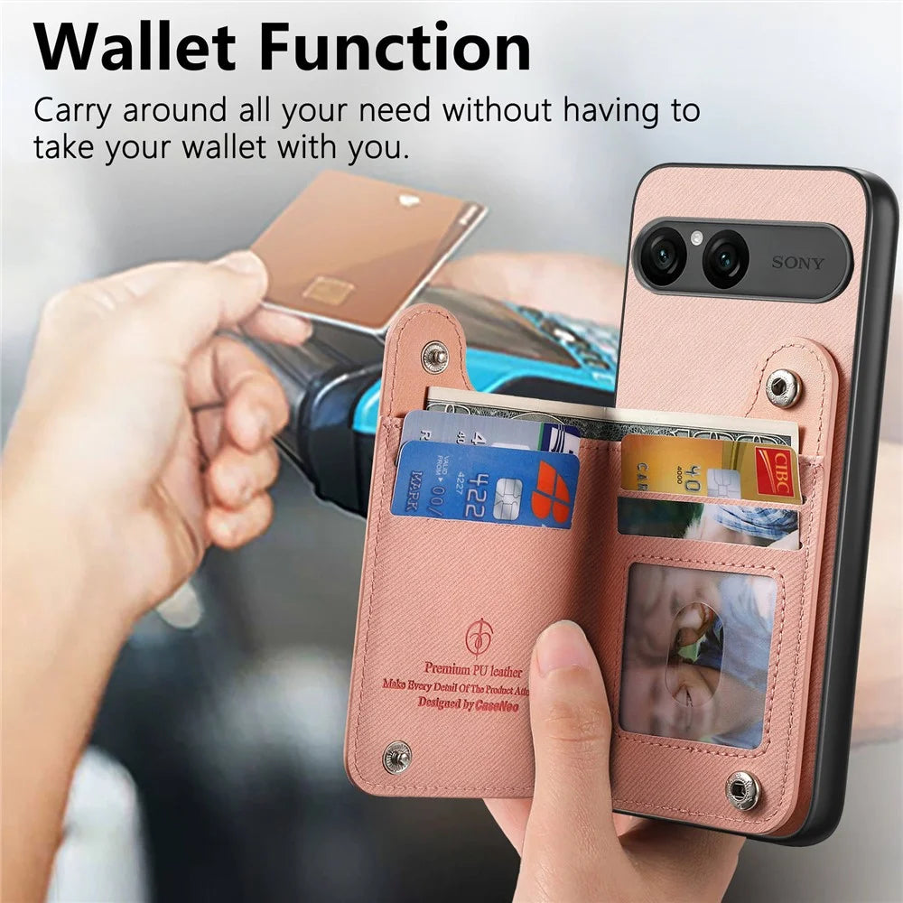 For Sony Xperia 10 VII Case RFID Blocking Card Holder Jeans Cloth Texture Leather Back Cover with Elastic Wristband - Pink - 5
