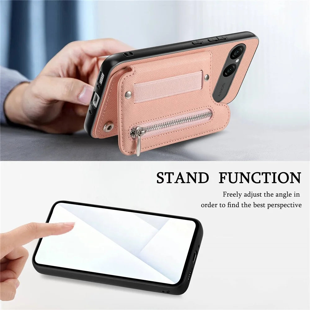 For Sony Xperia 10 VII Case RFID Blocking Card Holder Jeans Cloth Texture Leather Back Cover with Elastic Wristband - Pink - 6