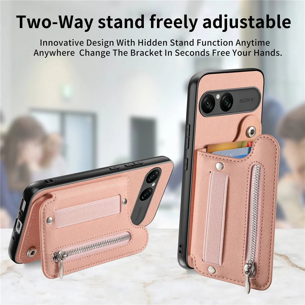 For Sony Xperia 10 VII Case RFID Blocking Card Holder Jeans Cloth Texture Leather Back Cover with Elastic Wristband - Pink - 7