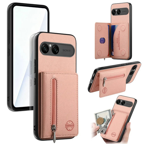 For Sony Xperia 10 VII Case Zipper Card Holder Kickstand Jeans Cloth Texture Leather Back Cover - Pink - 1