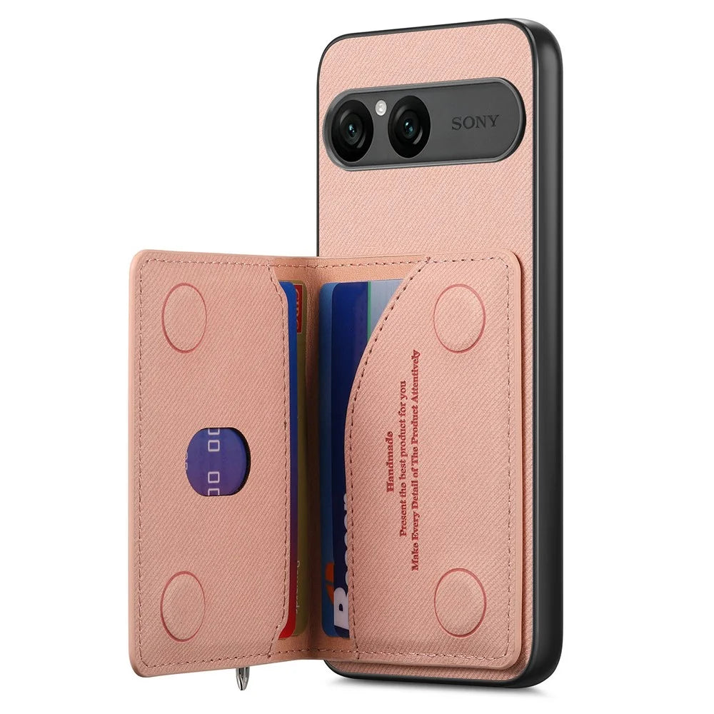 For Sony Xperia 10 VII Case Zipper Card Holder Kickstand Jeans Cloth Texture Leather Back Cover - Pink - 4