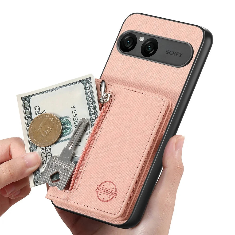 For Sony Xperia 10 VII Case Zipper Card Holder Kickstand Jeans Cloth Texture Leather Back Cover - Pink - 5