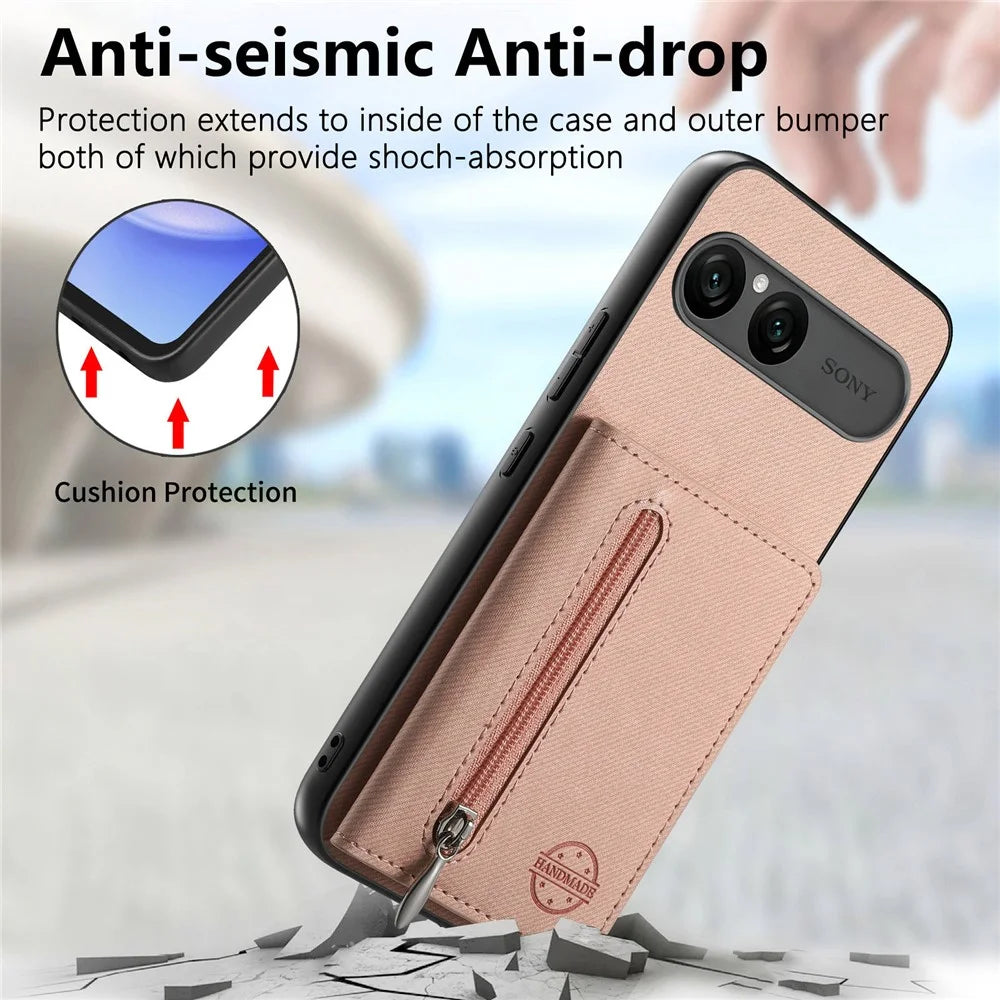 For Sony Xperia 10 VII Case Zipper Card Holder Kickstand Jeans Cloth Texture Leather Back Cover - Pink - 6