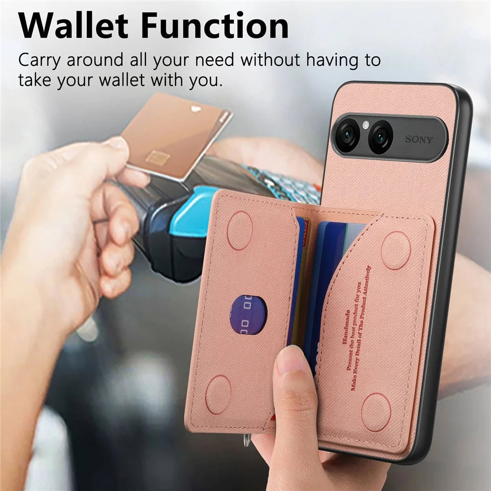 For Sony Xperia 10 VII Case Zipper Card Holder Kickstand Jeans Cloth Texture Leather Back Cover - Pink - 7