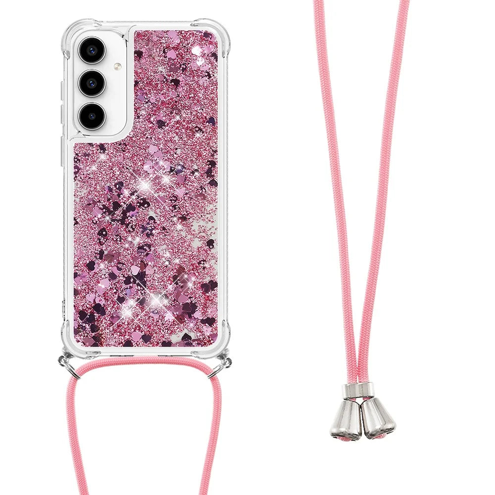 For Samsung Galaxy A37 5G / A56 5G / A36 5G TPU Case Quicksand Phone Cover with Lanyard - Rose Gold  /  Hearts - 2