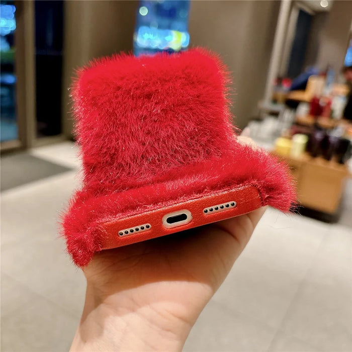 For iPhone 17 Pro Fluffy Phone Case Winter Warm TPU Cover with Hand Strap - Red - 4