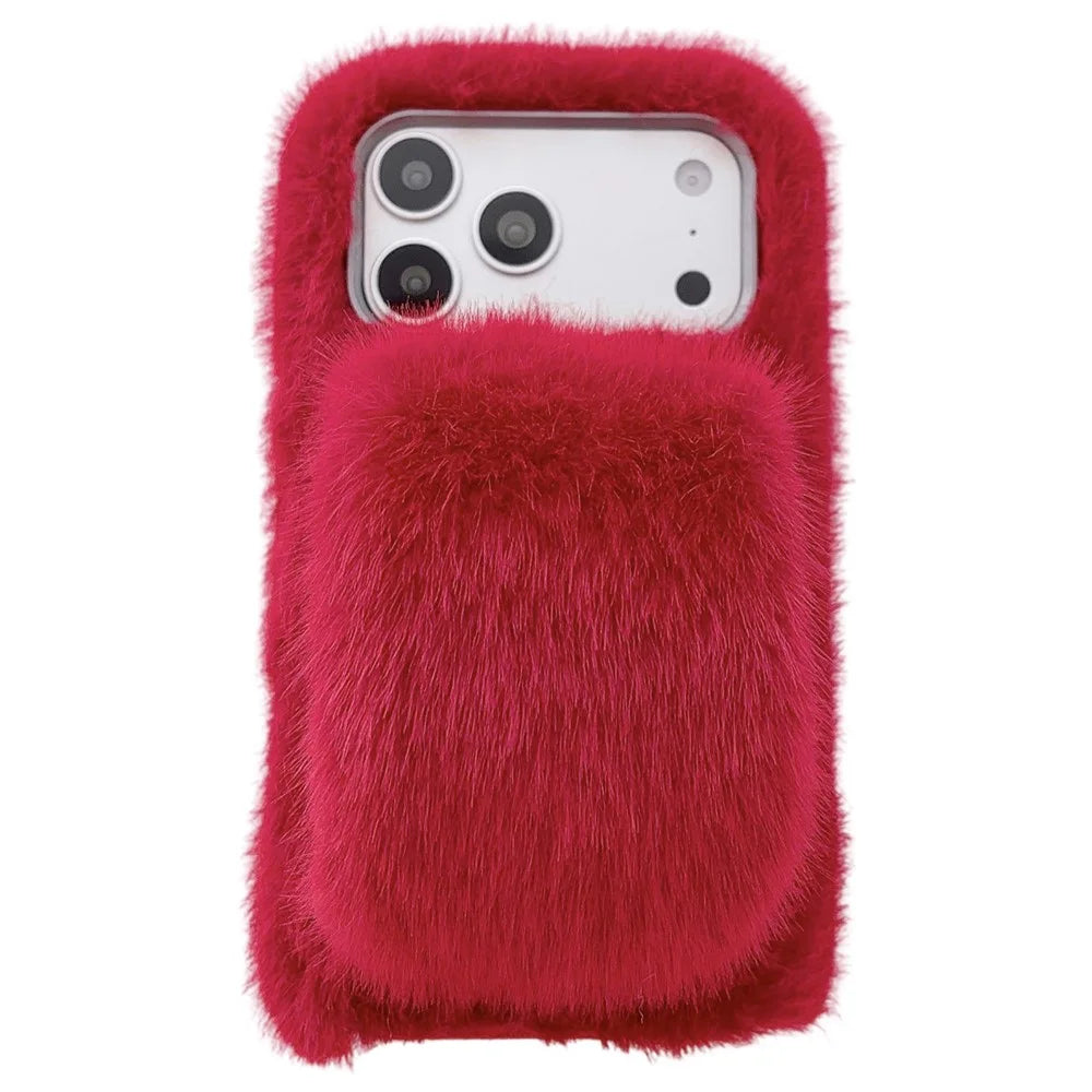 For iPhone 17 Pro Max Fluffy Phone Case Winter Warm TPU Cover with Hand Strap - Red - 1
