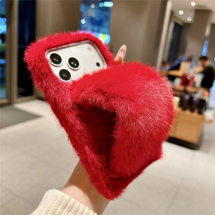For iPhone 17 Pro Max Fluffy Phone Case Winter Warm TPU Cover with Hand Strap - Red - 3