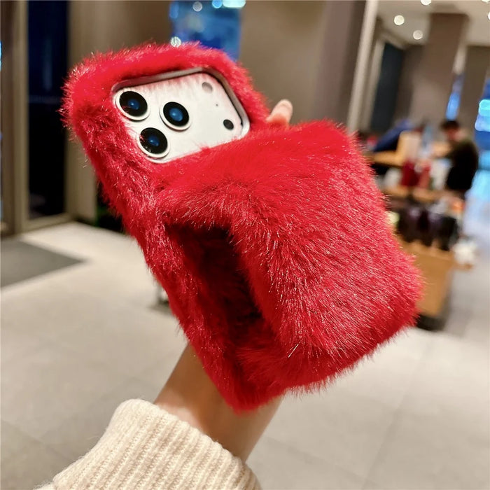 For iPhone 17 Pro Max Fluffy Phone Case Winter Warm TPU Cover with Hand Strap - Red - 5