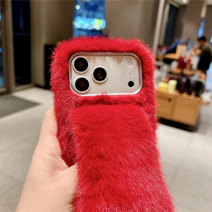 For iPhone 17 Pro Max Fluffy Phone Case Winter Warm TPU Cover with Hand Strap - Red - 6