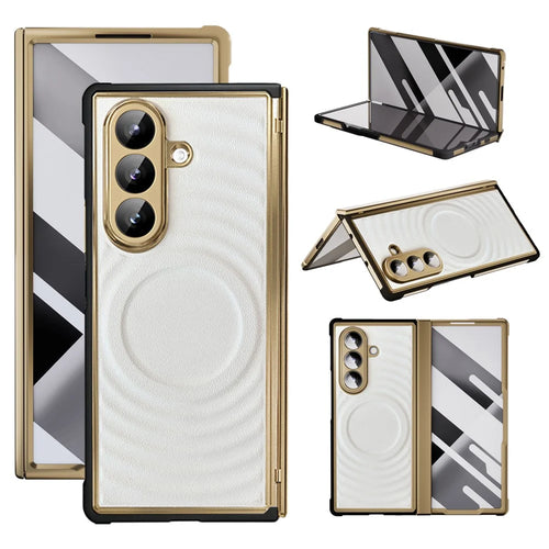 For Samsung Galaxy Z Fold7 5G Magnetic Case Leather Coated TPU PC Phone Cover with Tempered Glass Film - White - 1