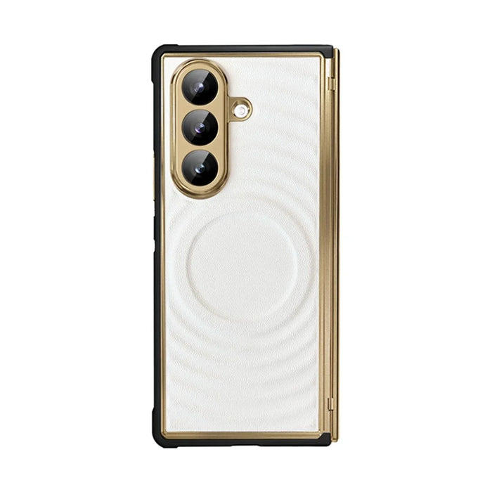 For Samsung Galaxy Z Fold7 5G Magnetic Case Leather Coated TPU PC Phone Cover with Tempered Glass Film - White - 2
