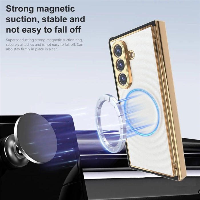 For Samsung Galaxy Z Fold7 5G Magnetic Case Leather Coated TPU PC Phone Cover with Tempered Glass Film - White - 3