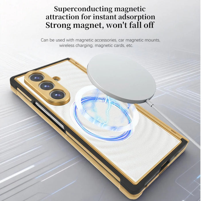 For Samsung Galaxy Z Fold7 5G Magnetic Case Leather Coated TPU PC Phone Cover with Tempered Glass Film - White - 4