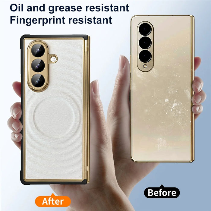 For Samsung Galaxy Z Fold7 5G Magnetic Case Leather Coated TPU PC Phone Cover with Tempered Glass Film - White - 6