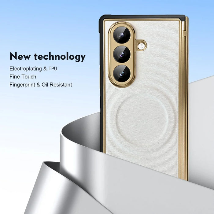For Samsung Galaxy Z Fold7 5G Magnetic Case Leather Coated TPU PC Phone Cover with Tempered Glass Film - White - 7