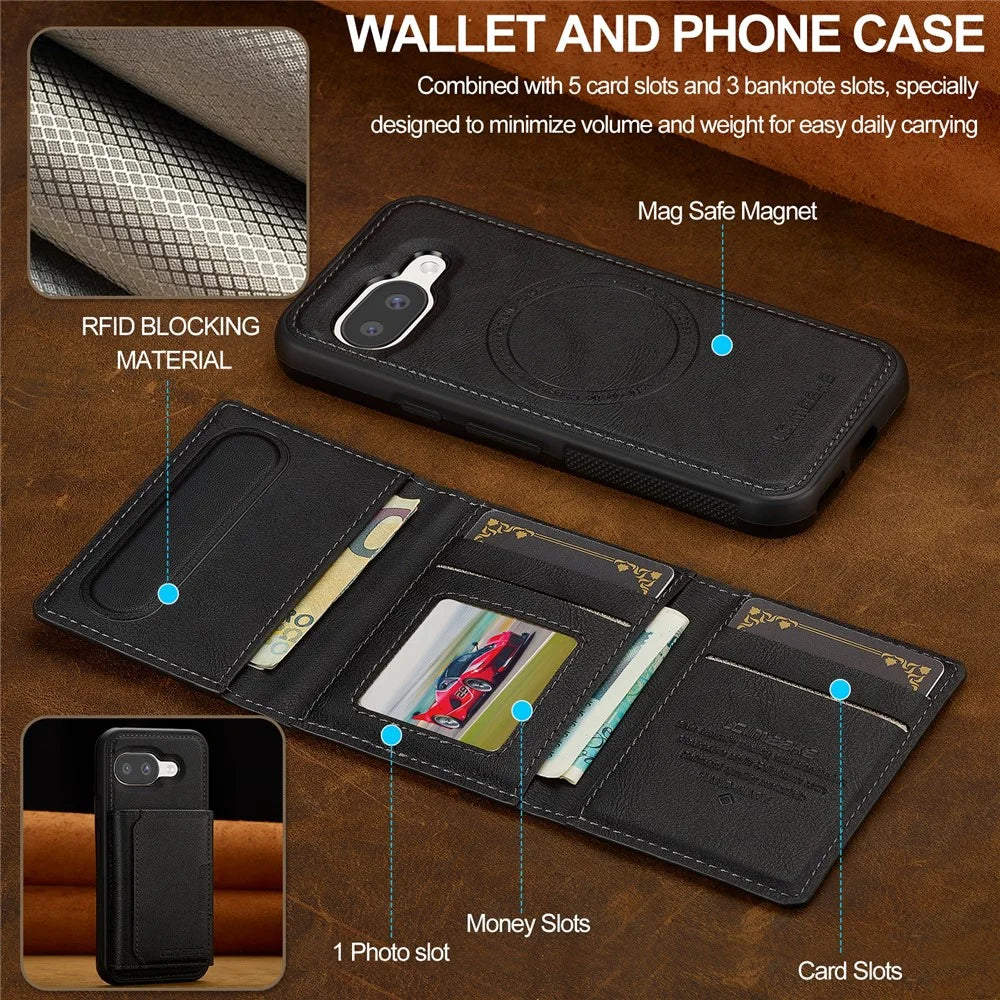 LC.IMEEKE L5 For Google Pixel 10a Magnetic Phone Case Leather Back Cover with Detachable Card Holder - Black - 6
