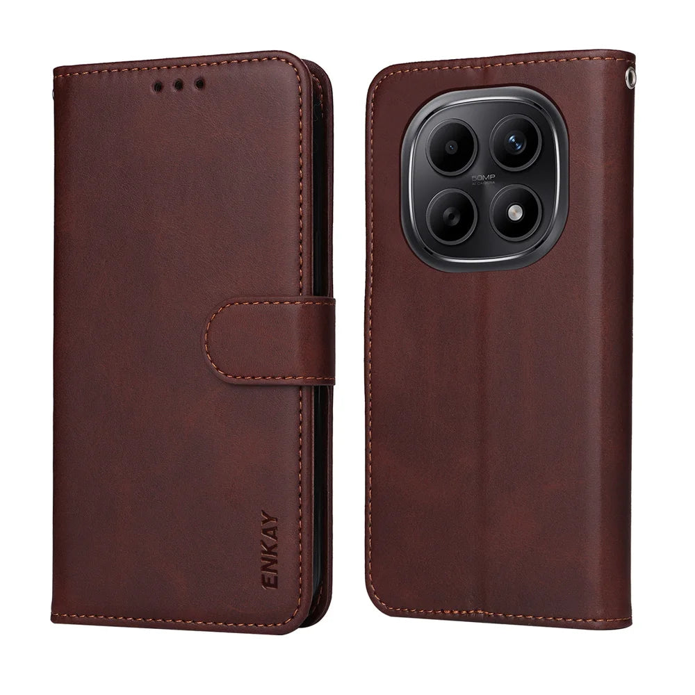 ENKAY HAT PRINCE For Xiaomi Redmi Note 15 5G (Global) / Xiaomi Redmi Note 15 4G (Global) / Xiaomi Poco M8 5G Wallet Case   Calf Texture Leather Phone Stand Cover with Hydrogel Film / Strap - Pink - 6