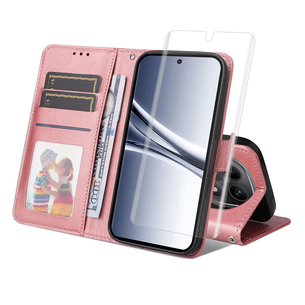 ENKAY HAT PRINCE For Xiaomi Redmi Note 15 Pro+ 5G (Global) / Xiaomi Poco M8 Pro 5G Wallet Case   Calf Texture Leather Phone Stand Cover with Hydrogel Film / Strap - Pink - 1