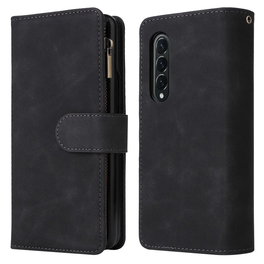 For Samsung Galaxy Z Fold4 5G Multiple Card Slots Zipper Pocket PU Leather Phone Stand Case Magnetic Clasp Wallet Cover - Black - 1