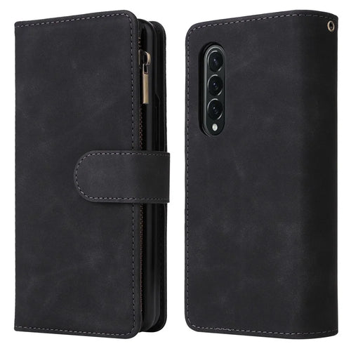 For Samsung Galaxy Z Fold4 5G Multiple Card Slots Zipper Pocket PU Leather Phone Stand Case Magnetic Clasp Wallet Cover - Black - 1