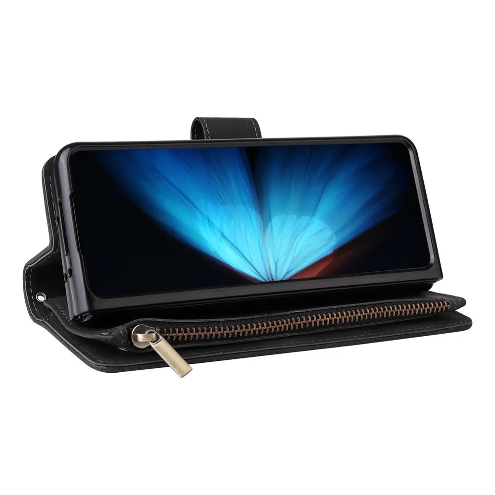 For Samsung Galaxy Z Fold4 5G Multiple Card Slots Zipper Pocket PU Leather Phone Stand Case Magnetic Clasp Wallet Cover - Black - 3