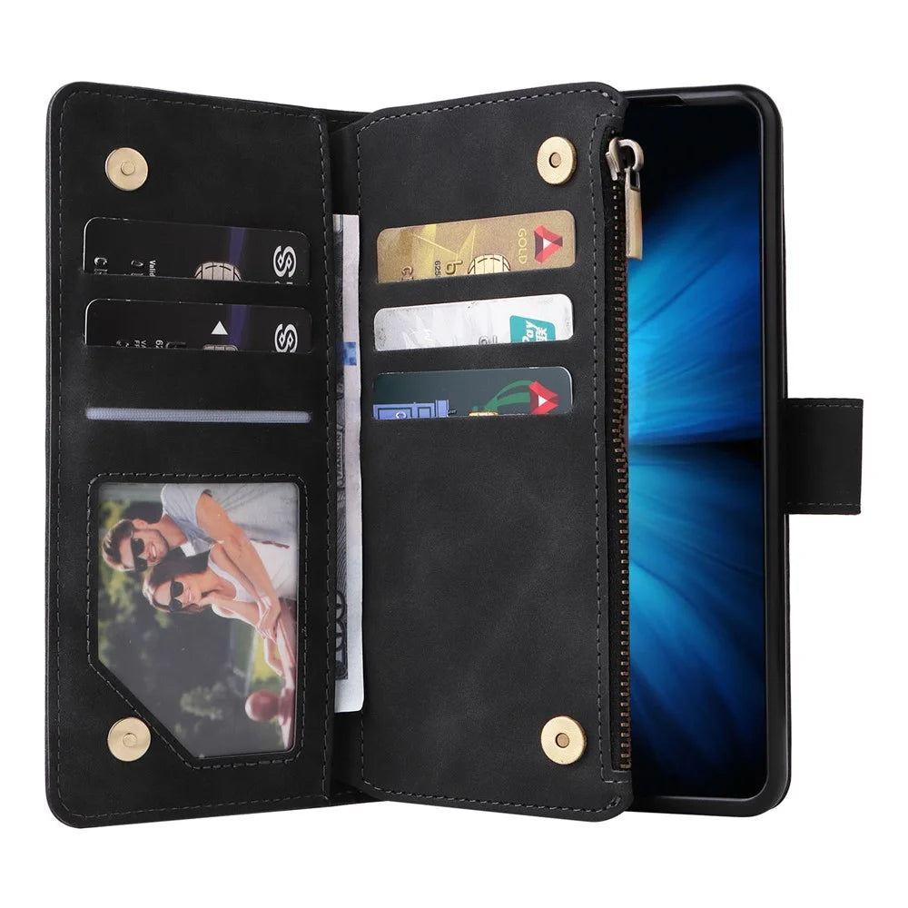 For Samsung Galaxy Z Fold4 5G Multiple Card Slots Zipper Pocket PU Leather Phone Stand Case Magnetic Clasp Wallet Cover - Black - 4