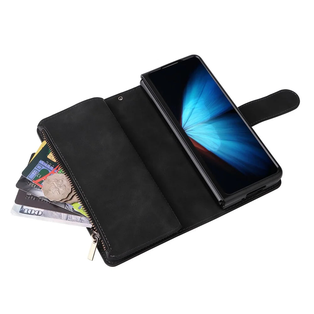 For Samsung Galaxy Z Fold4 5G Multiple Card Slots Zipper Pocket PU Leather Phone Stand Case Magnetic Clasp Wallet Cover - Black - 5