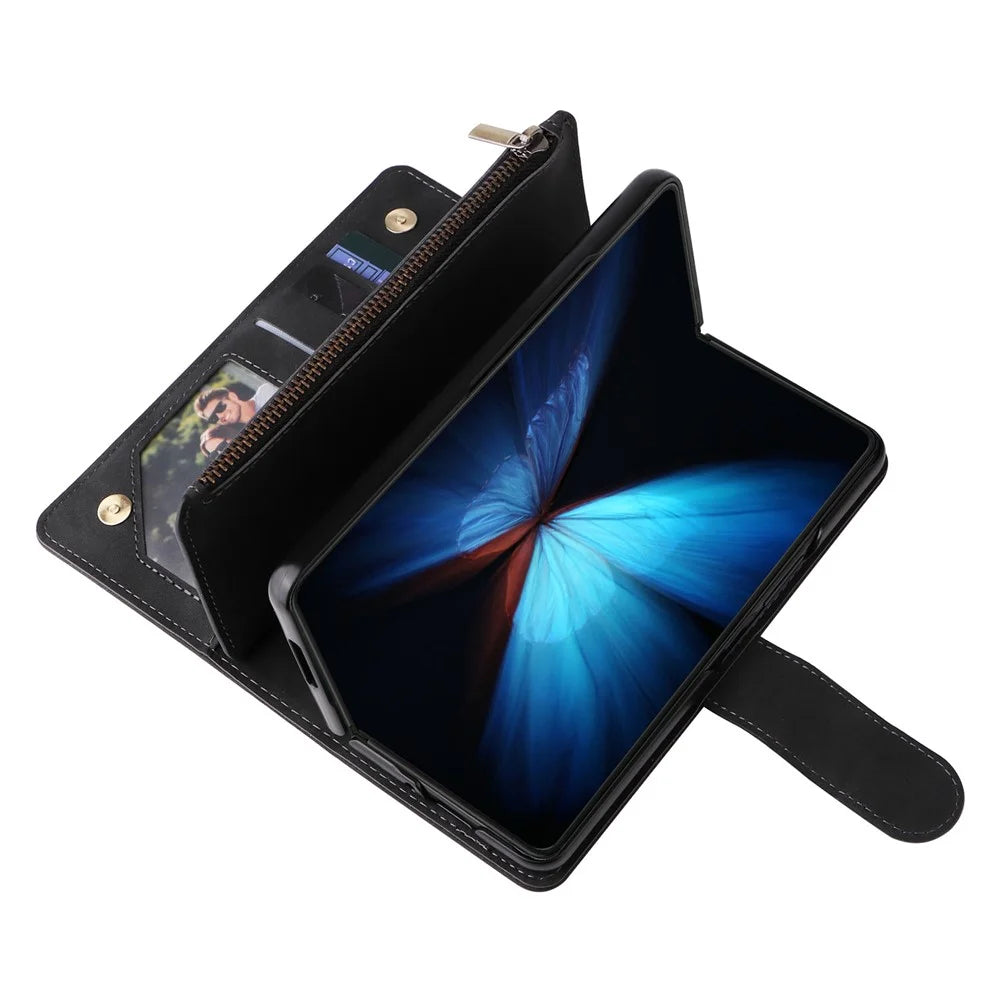For Samsung Galaxy Z Fold4 5G Multiple Card Slots Zipper Pocket PU Leather Phone Stand Case Magnetic Clasp Wallet Cover - Black - 6