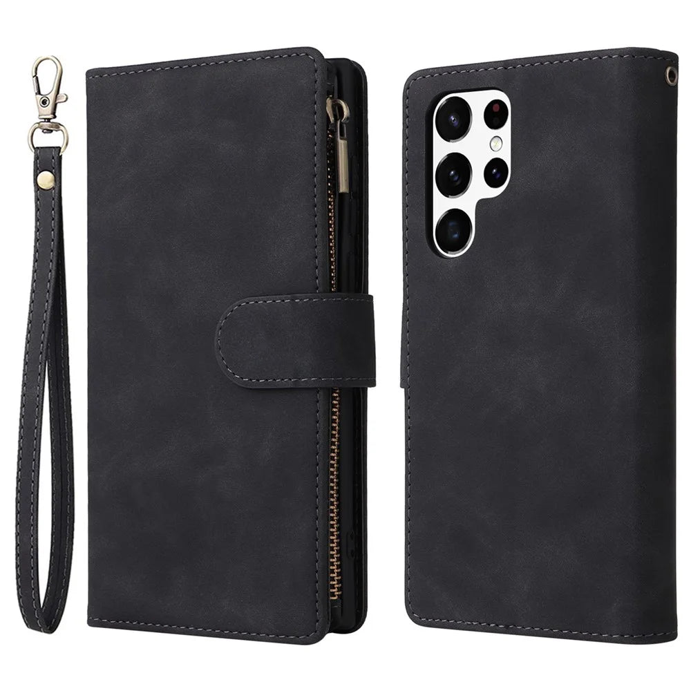 For Samsung Galaxy S23 Ultra Multiple Card Slots Phone Cover PU Leather Wallet Stand Full Protection Case with Zipper Pocket - Black - 1