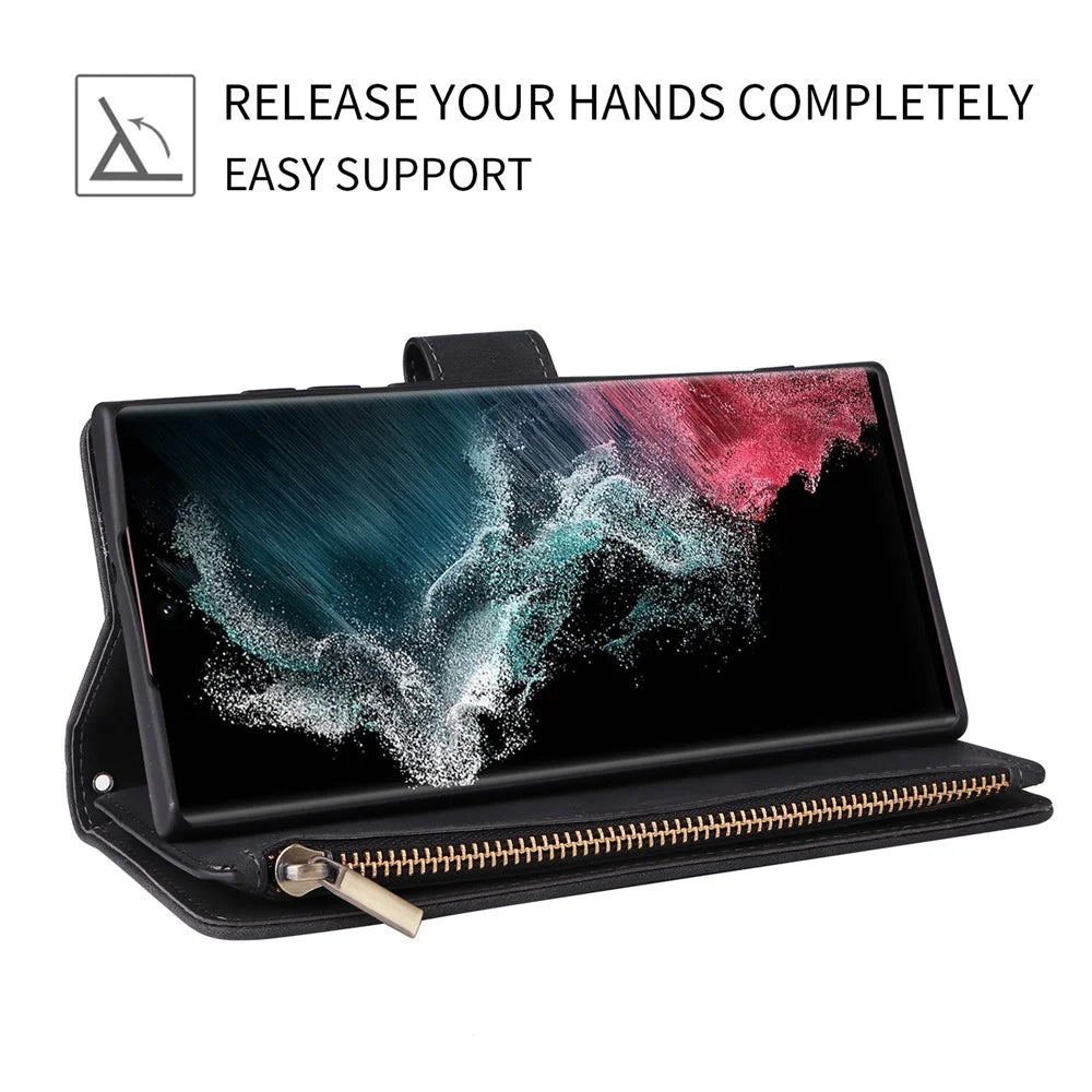 For Samsung Galaxy S23 Ultra Multiple Card Slots Phone Cover PU Leather Wallet Stand Full Protection Case with Zipper Pocket - Black - 2