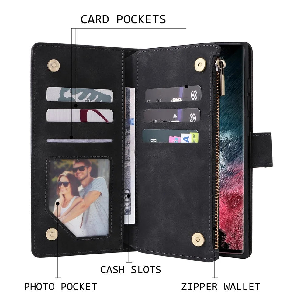 For Samsung Galaxy S23 Ultra Multiple Card Slots Phone Cover PU Leather Wallet Stand Full Protection Case with Zipper Pocket - Black - 3