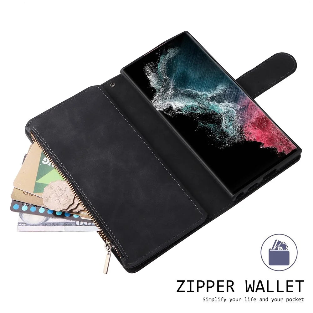 For Samsung Galaxy S23 Ultra Multiple Card Slots Phone Cover PU Leather Wallet Stand Full Protection Case with Zipper Pocket - Black - 4