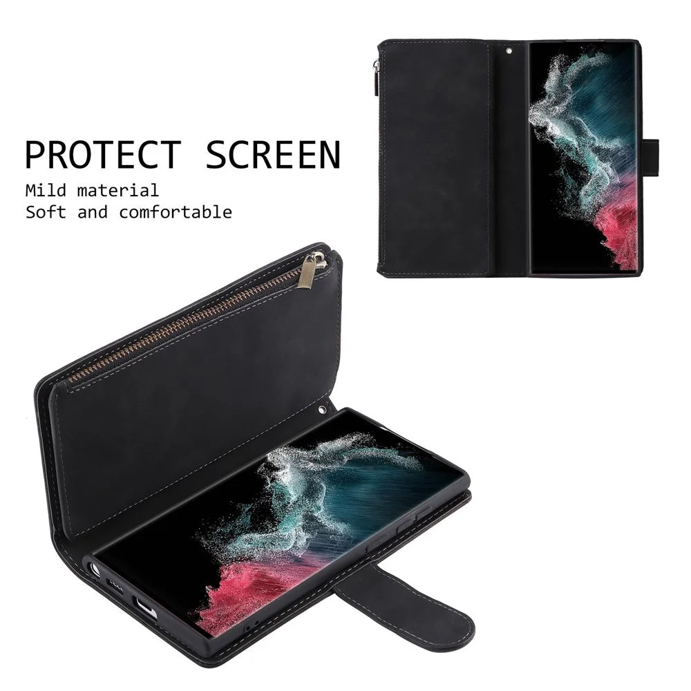 For Samsung Galaxy S23 Ultra Multiple Card Slots Phone Cover PU Leather Wallet Stand Full Protection Case with Zipper Pocket - Black - 5