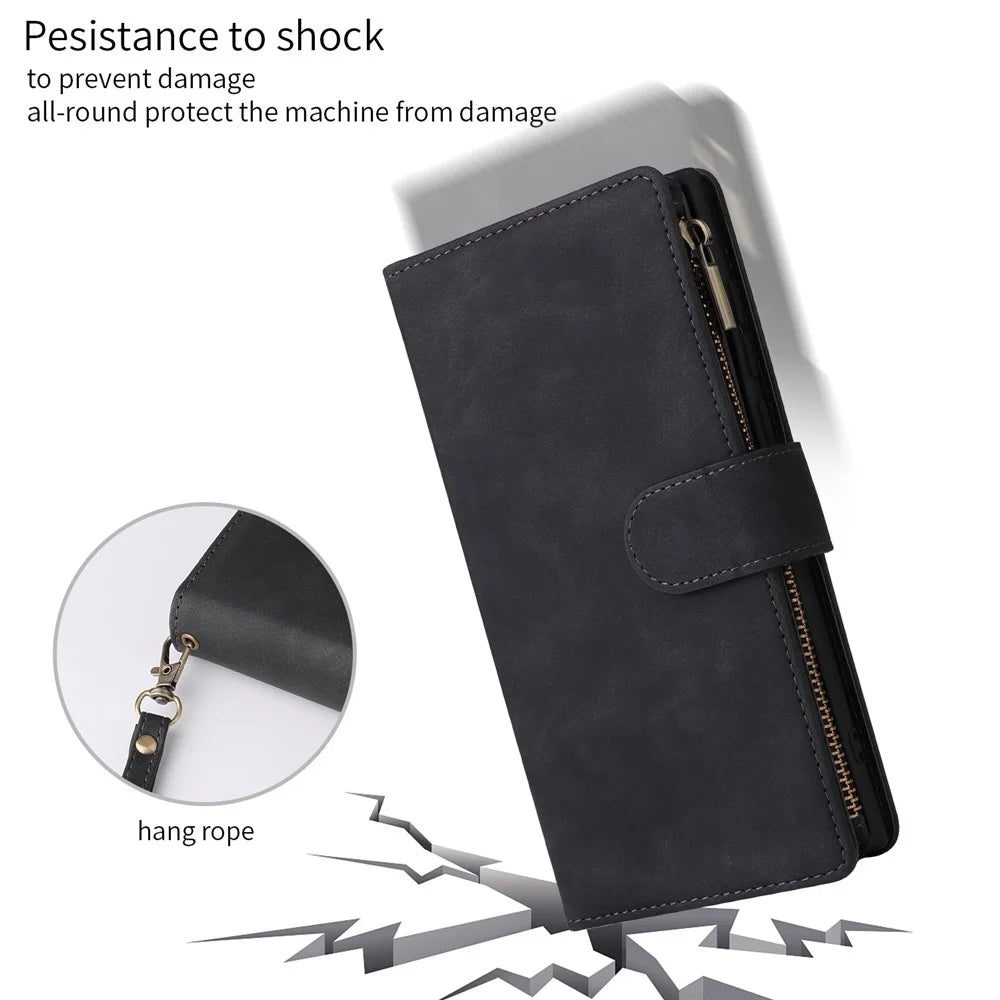 For Samsung Galaxy S23 Ultra Multiple Card Slots Phone Cover PU Leather Wallet Stand Full Protection Case with Zipper Pocket - Black - 6