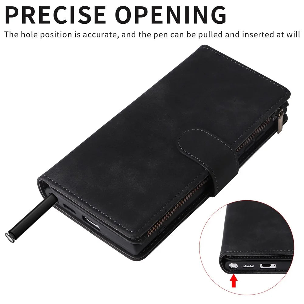 For Samsung Galaxy S23 Ultra Multiple Card Slots Phone Cover PU Leather Wallet Stand Full Protection Case with Zipper Pocket - Black - 7