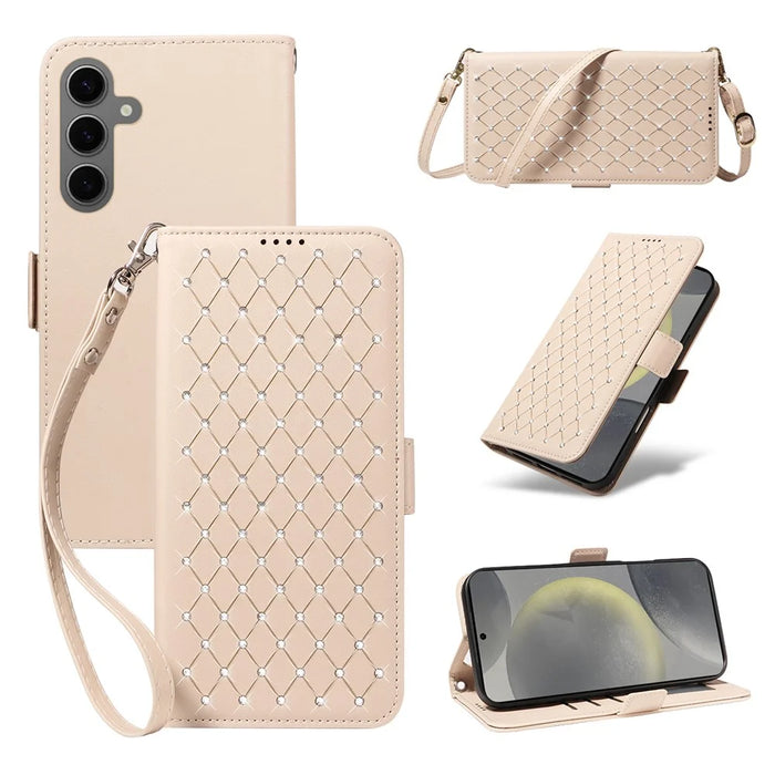 For Samsung Galaxy S25 / Galaxy S24 Leather Case Rhinestone Decor Rhombus Pattern Wallet Stand Flip Phone Cover with Straps - Apricot - 1
