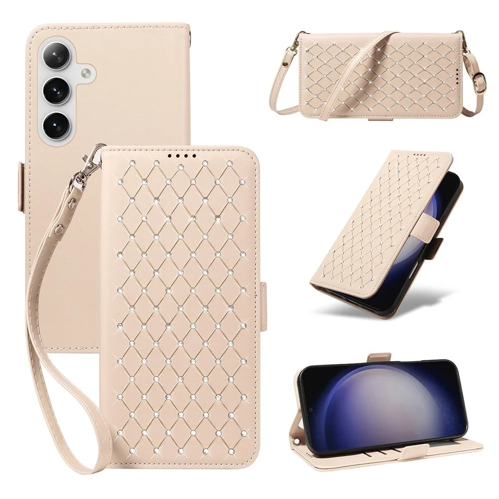 For Samsung Galaxy S25+ / Galaxy S24+ Leather Case Rhinestone Decor Rhombus Pattern Wallet Stand Flip Phone Cover with Straps - Apricot - 1