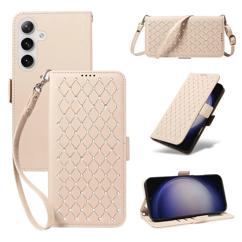 For Samsung Galaxy S25+ / Galaxy S24+ Leather Case Rhinestone Decor Rhombus Pattern Wallet Stand Flip Phone Cover with Straps - Apricot - 1