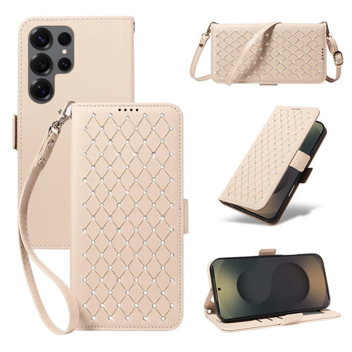 For Samsung Galaxy S25 Ultra Leather Case Rhinestone Decor Rhombus Pattern Wallet Stand Flip Phone Cover with Straps - Apricot - 1