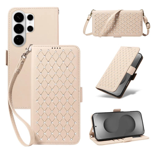 For Samsung Galaxy S26 Ultra Leather Case Rhinestone Decor Rhombus Pattern Wallet Stand Flip Phone Cover with Straps - Apricot - 1