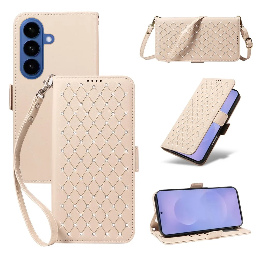 For Samsung Galaxy S26 Leather Case Rhinestone Decor Rhombus Pattern Wallet Stand Flip Phone Cover with Straps - Apricot - 1