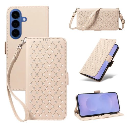For Samsung Galaxy S26 Leather Case Rhinestone Decor Rhombus Pattern Wallet Stand Flip Phone Cover with Straps - Apricot - 1